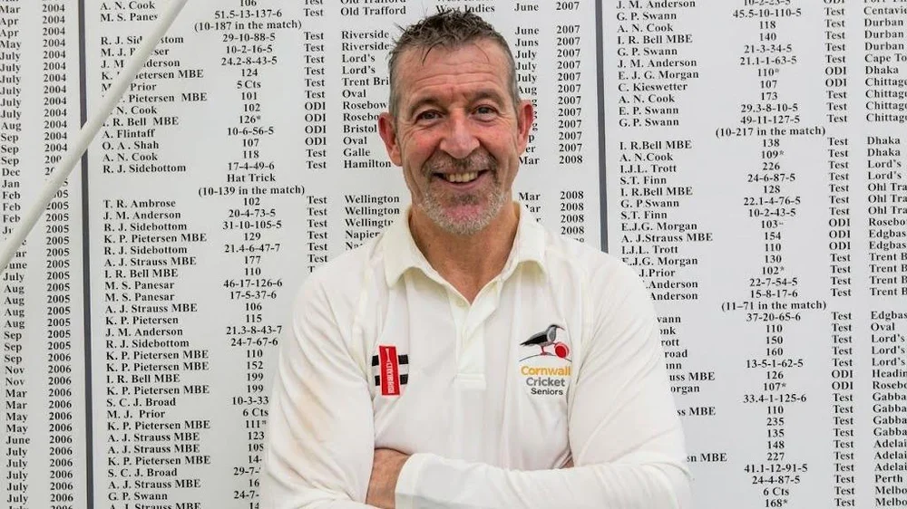 Nigel Martyn in front of the England honours board at Loughborough